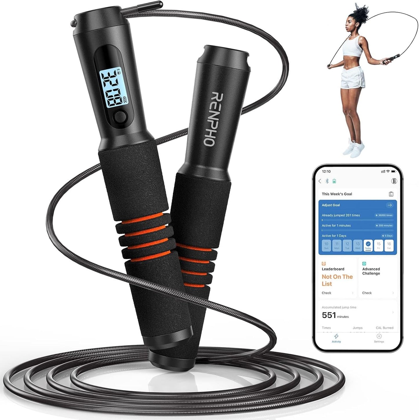 Smart Jump Rope with Counter, App Data Tracking, LCD Display